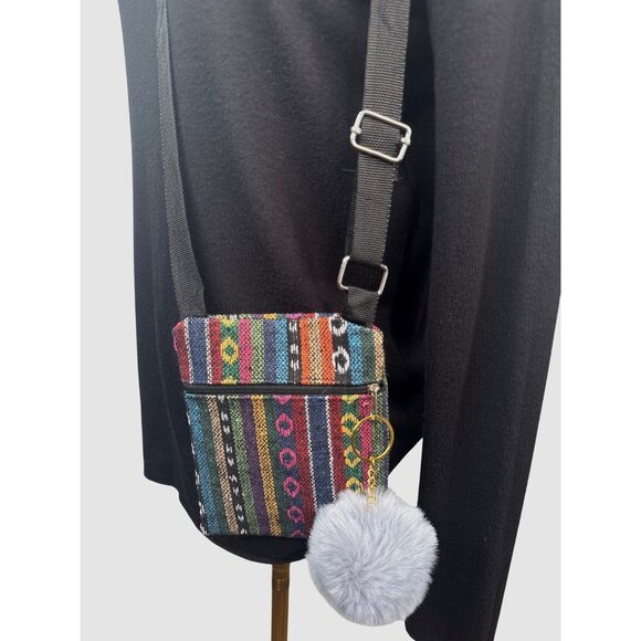 2/$30 Crossbody Bag Multicolor Stripes Gray Faux Mink Pom Pom Keychain NWT - Picture 4 of 11
